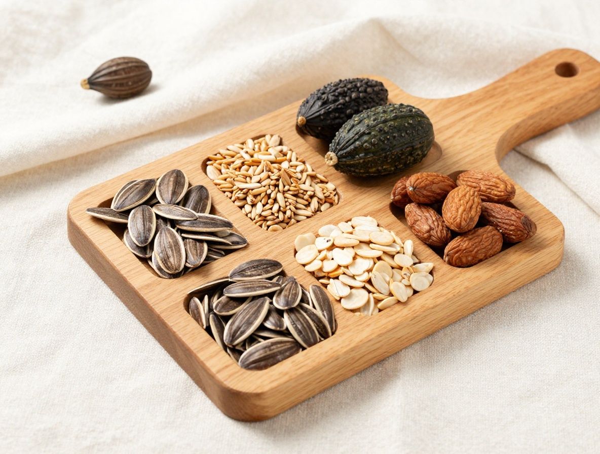 Cuenco de madera con semillas de calabaza, frutos secos y cereales integrales dispuestos de forma ordenada sobre tela de lino