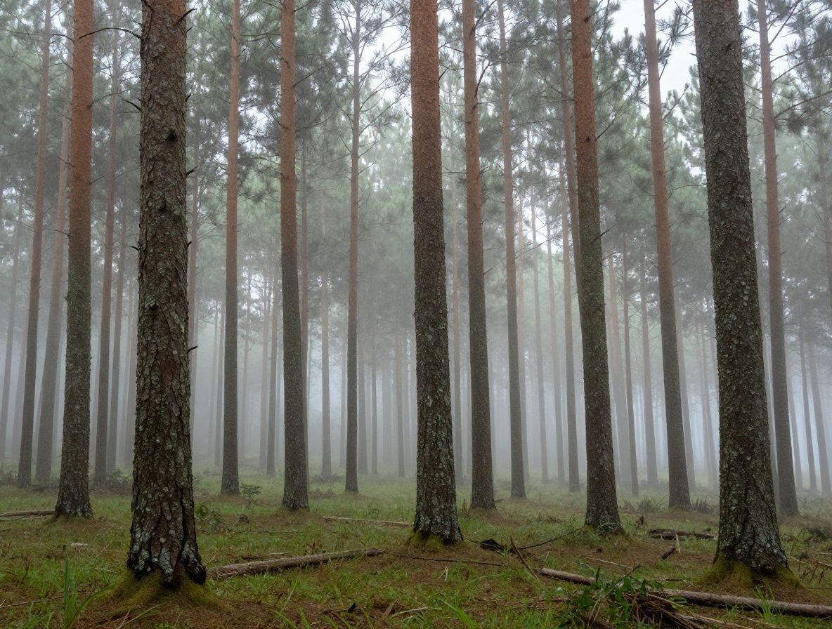 Vista aérea de un bosque de pinos con niebla matutina entre los árboles transmitiendo calma y silencio natural