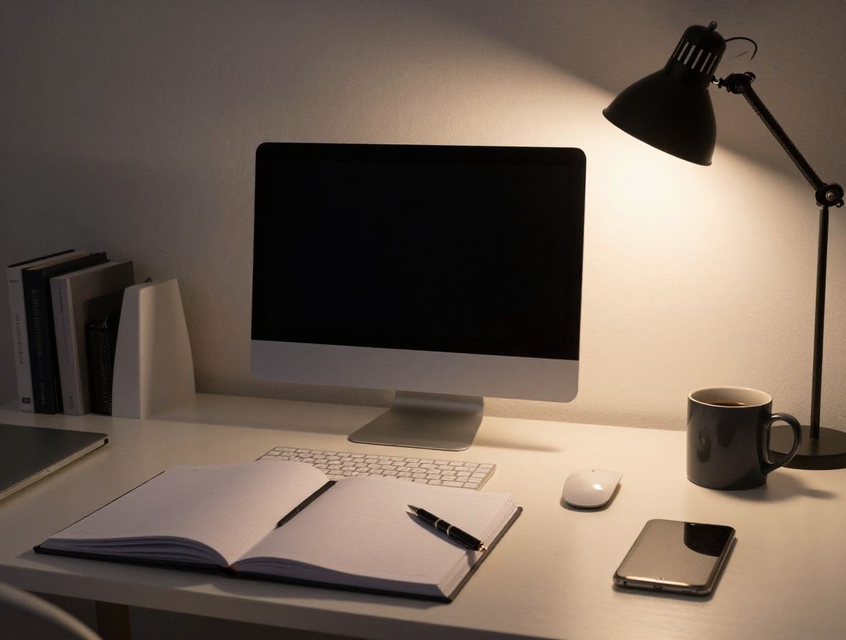 Escritorio ordenado con cuadernos de investigación abiertos, pluma estilográfica y taza de café bajo luz de lámpara en ambiente de estudio nocturno